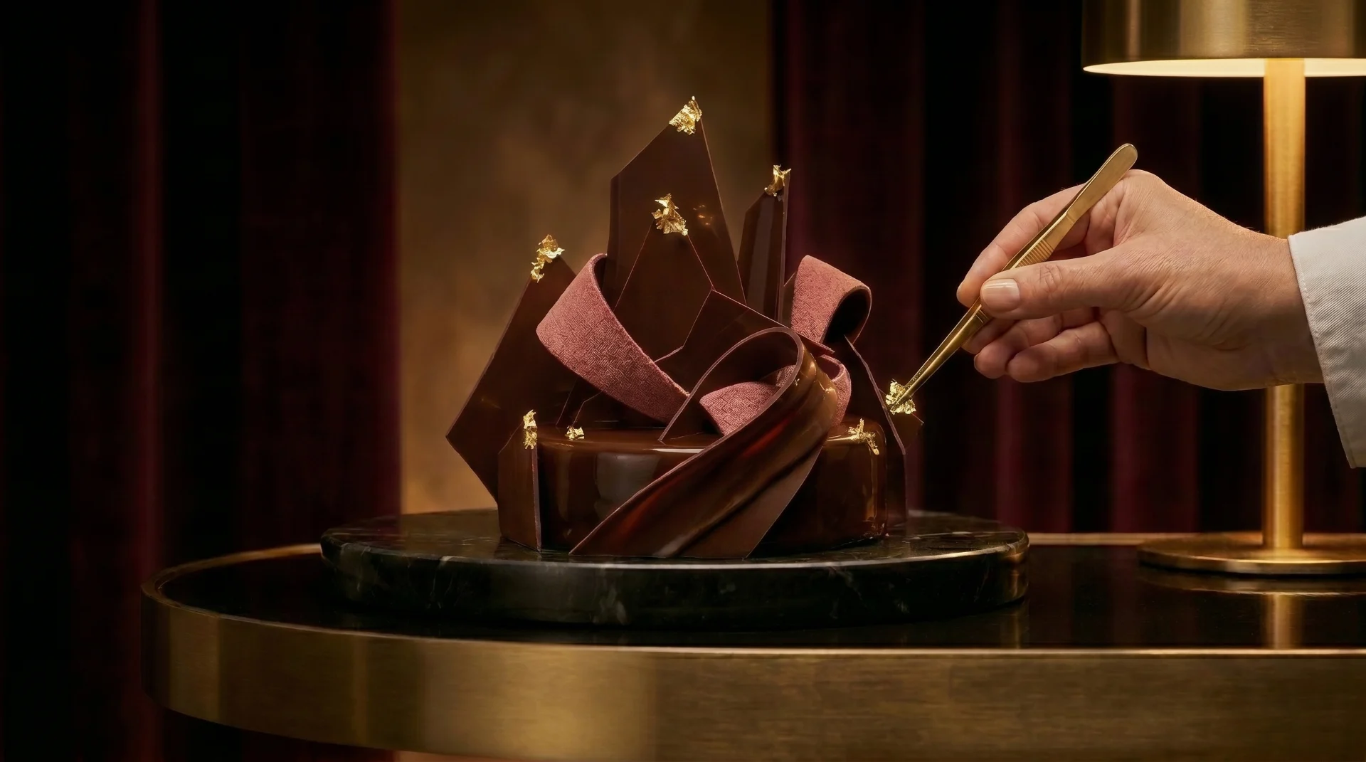 A chef finishing a sculptural chocolate dessert with gold leaf in a warm, editorial hospitality setting