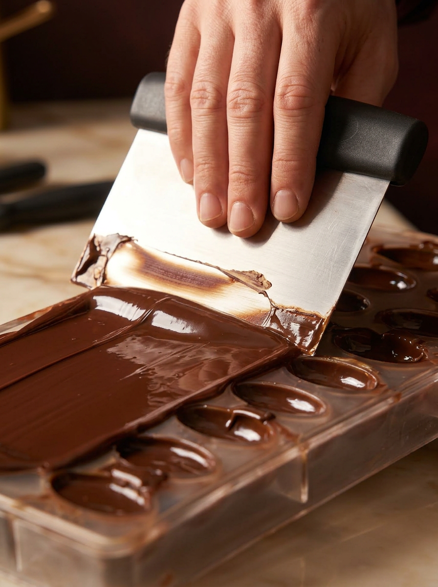 Master chocolatier scraping excess couverture from a polycarbonate mold on a marble surface