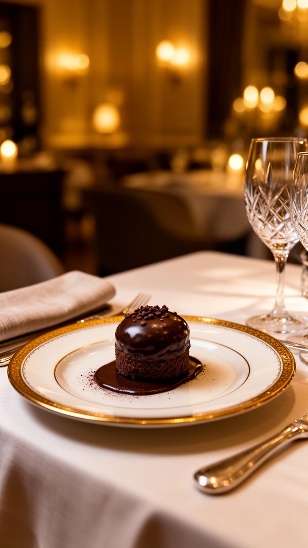 Elegant chocolate dessert served in a luxury restaurant setting